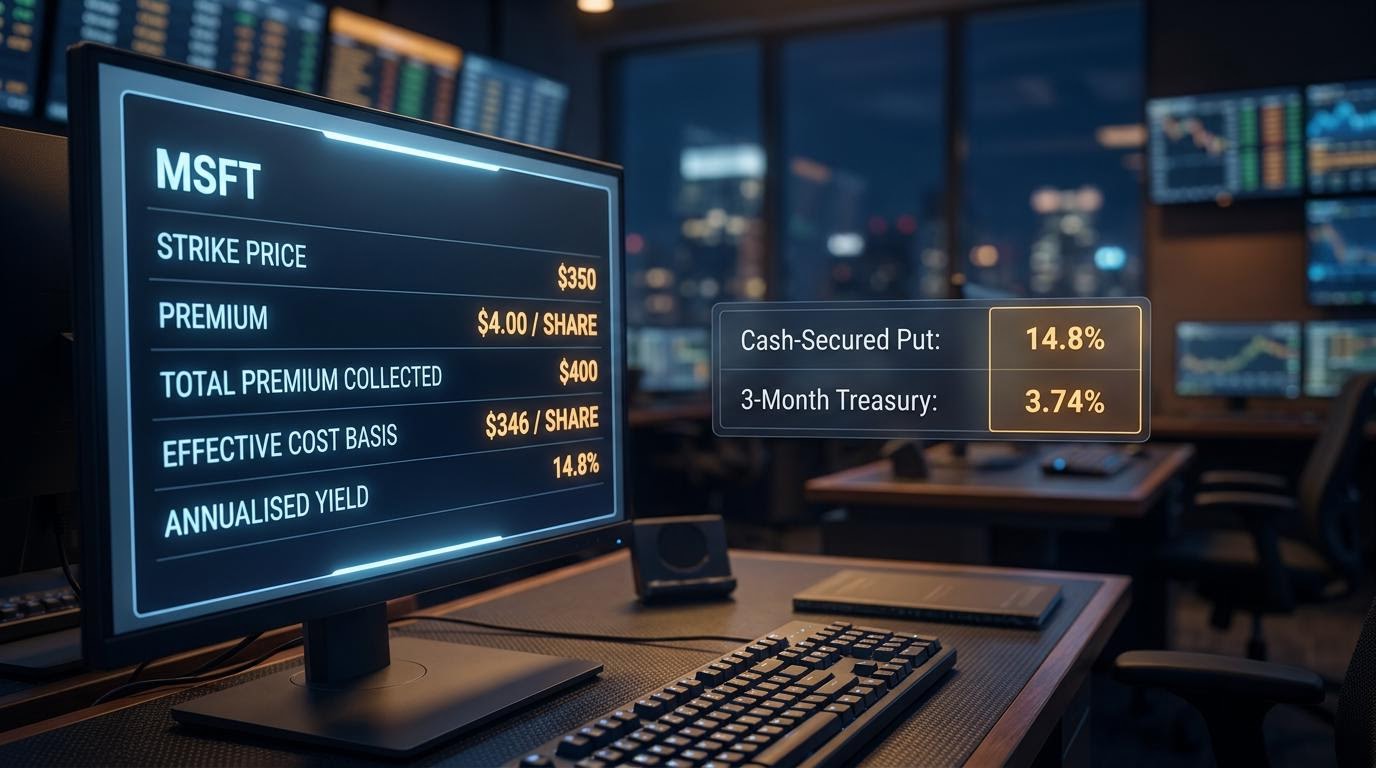 MSFT options chain showing $350 strike, $4.00 premium and 14.8% annualised yield on a trading terminal