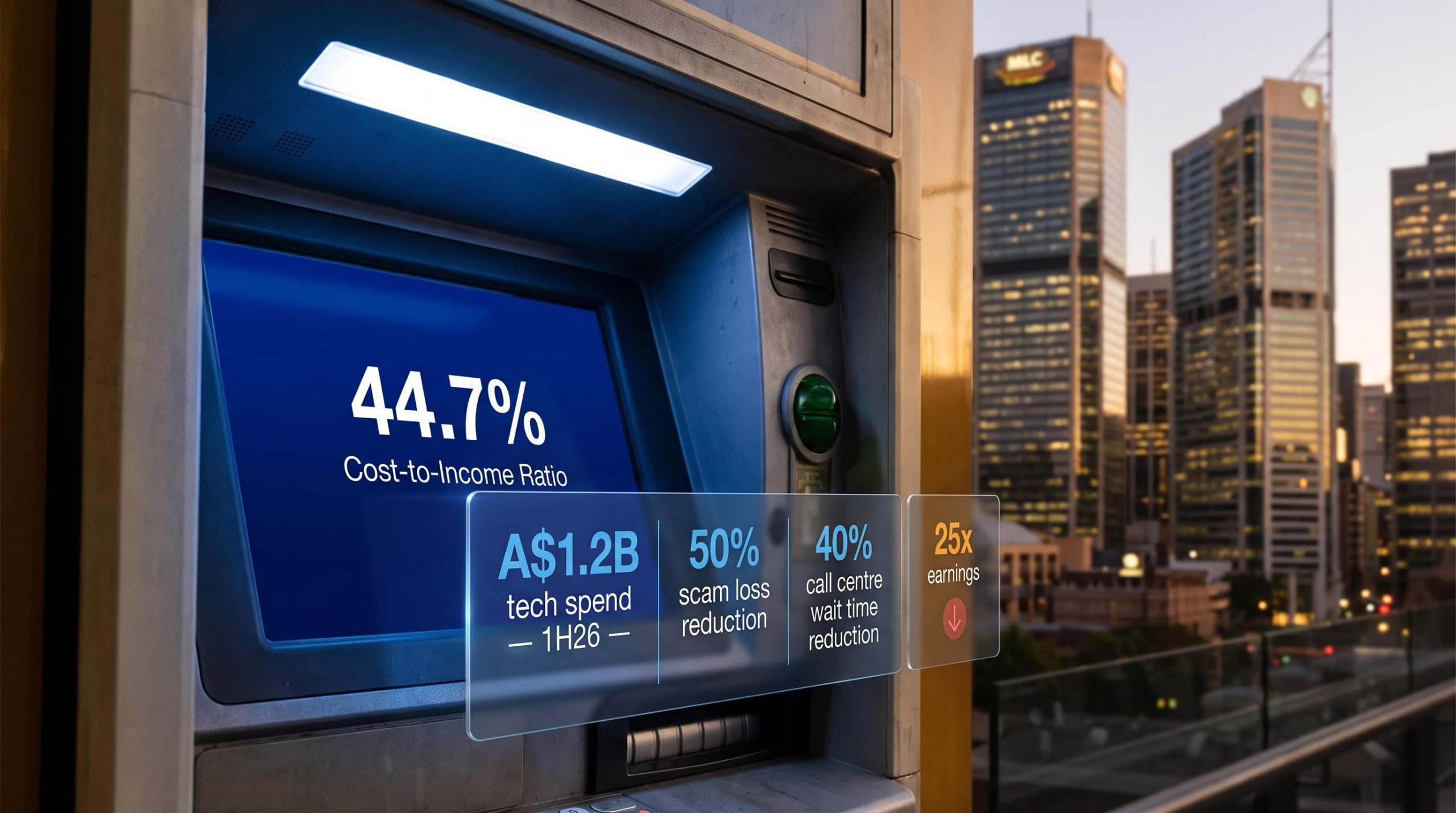 CBA AI strategy cost-to-income ratio screen showing A$1.2B tech spend and 44.7% efficiency data overlays