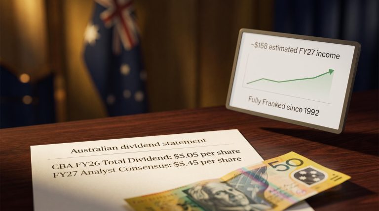 CBA dividend forecast FY27 showing $5.45 consensus and confirmed FY26 $5.05 fully franked payout