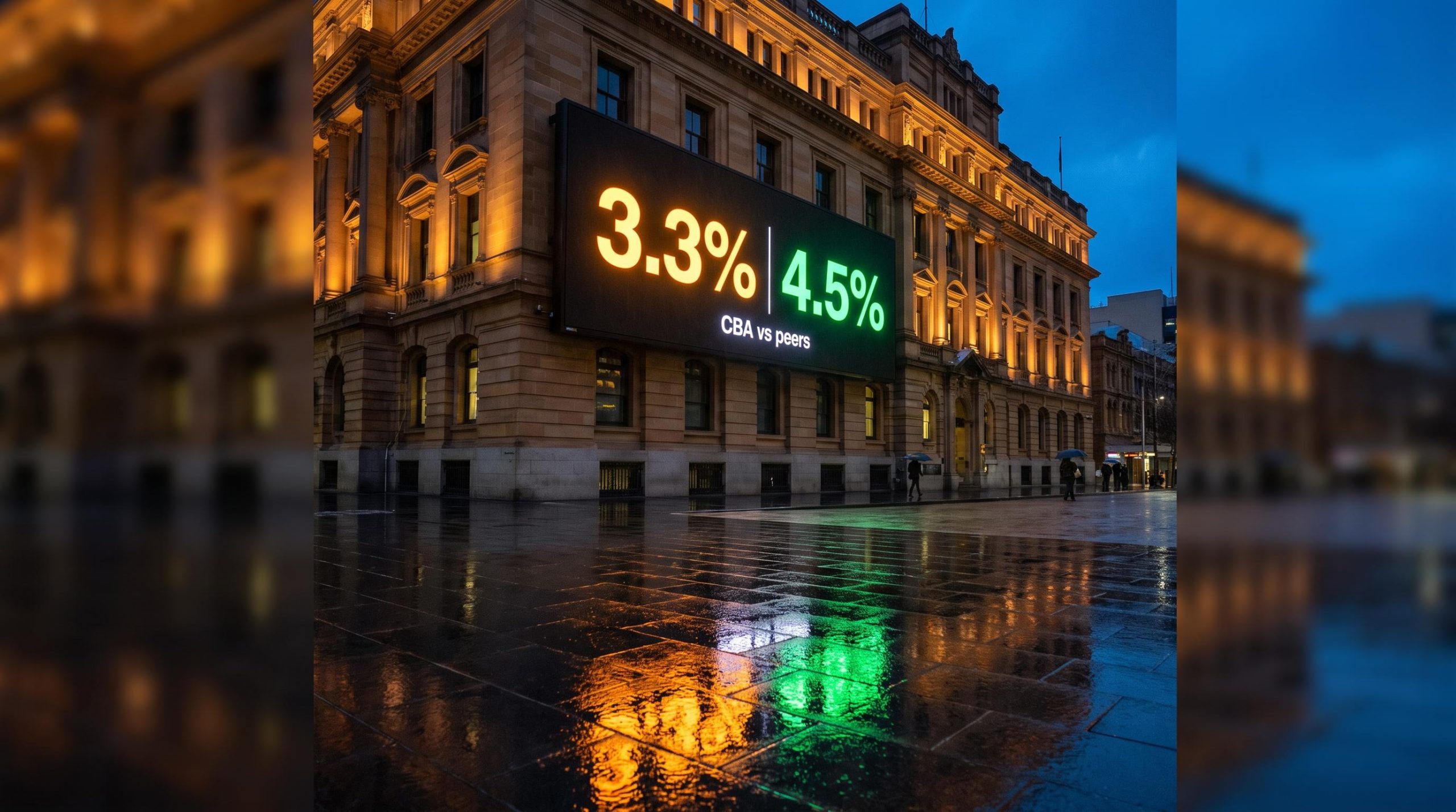 CBA dividend yield of 3.3% compared to ASX bank peers at 4.4–4.5% shown on illuminated building display