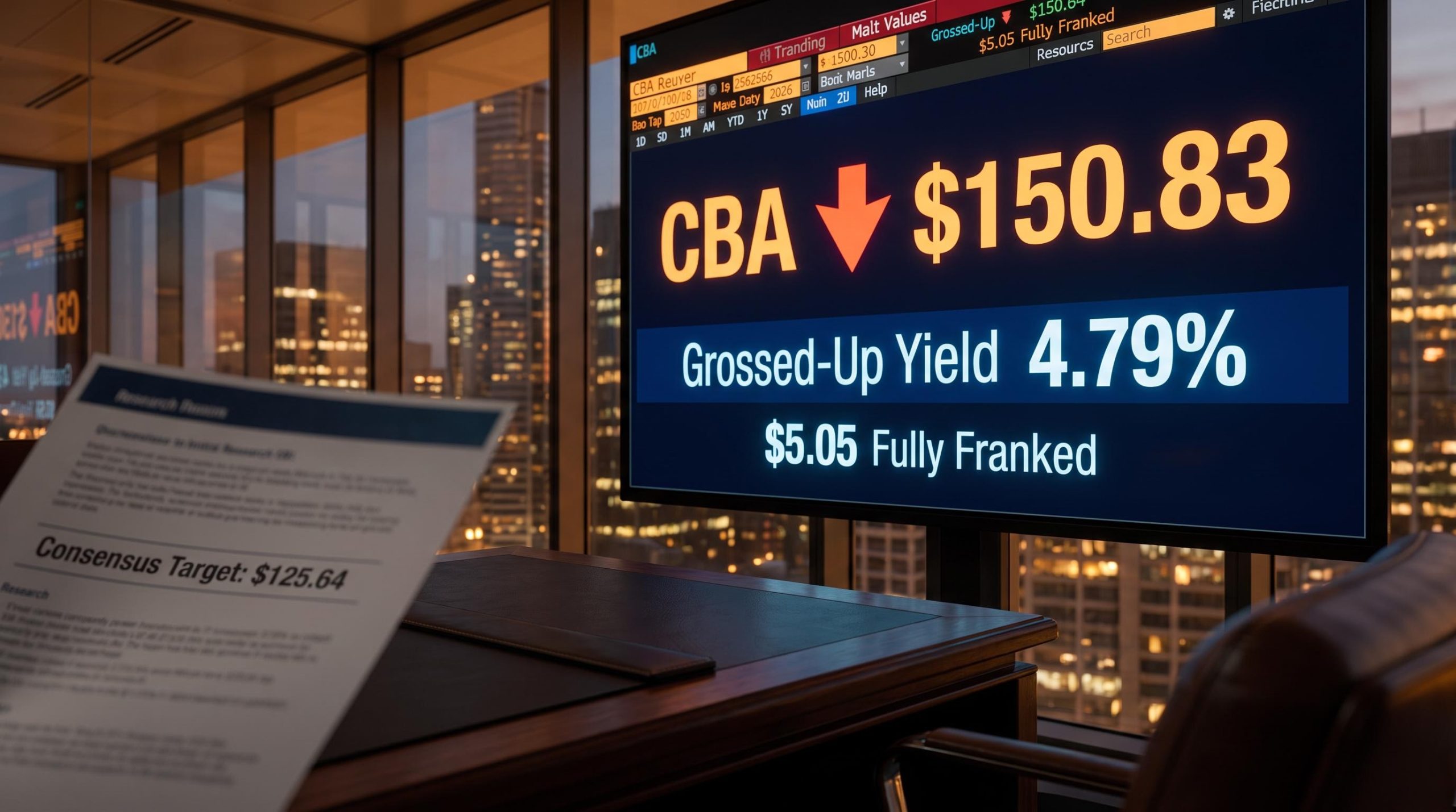 CBA trading screen showing 4.79% grossed-up dividend yield against $150.83 share price amid 16.9% selloff