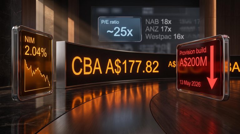CBA share price A$177.82 on trading screen with NIM and A$200M provision build data panels ahead of FY26 earnings