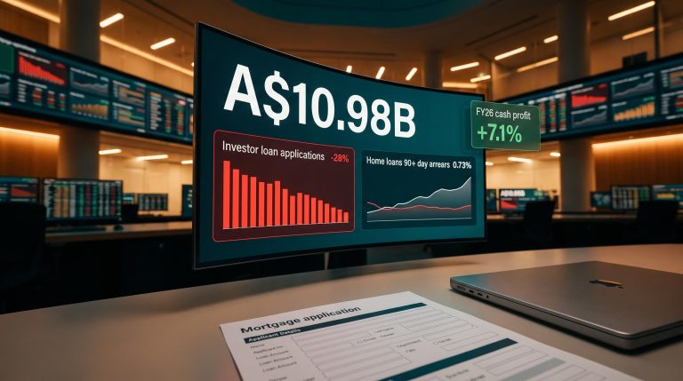 CBA FY26 A$10.98B record profit screen alongside investor loan application decline and arrears data