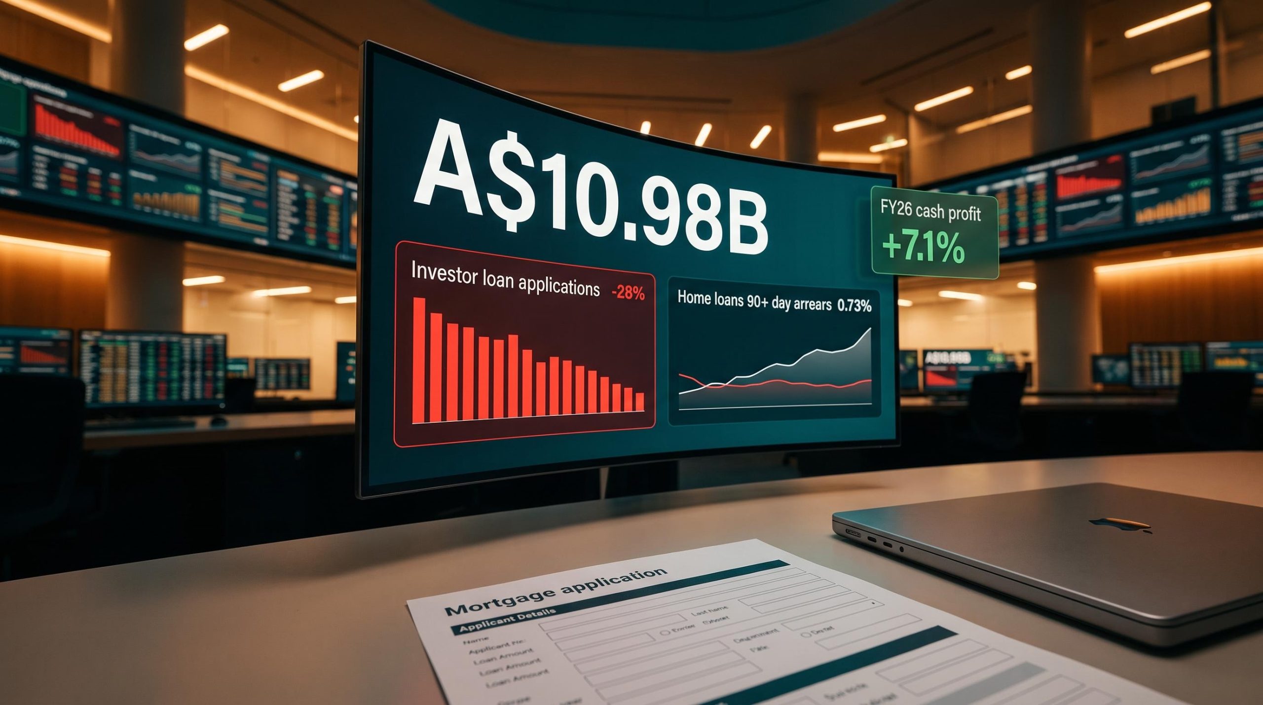 CBA FY26 A$10.98B record profit screen alongside investor loan application decline and arrears data