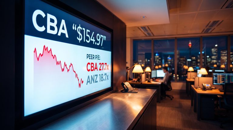 CBA ASX screen showing $154.97 price and 27.7x P/E multiple with red downward chart amid sell consensus