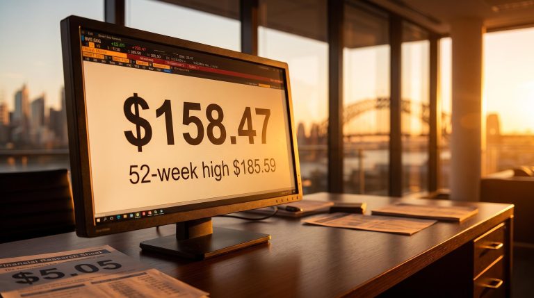 CBA share price terminal showing $158.47 against 52-week high $185.59 with Sydney skyline at golden hour