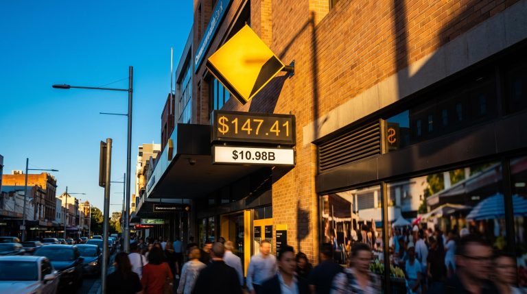CBA branch facade with $147.41 price ticker and $10.98B profit display as shares approach 52-week low