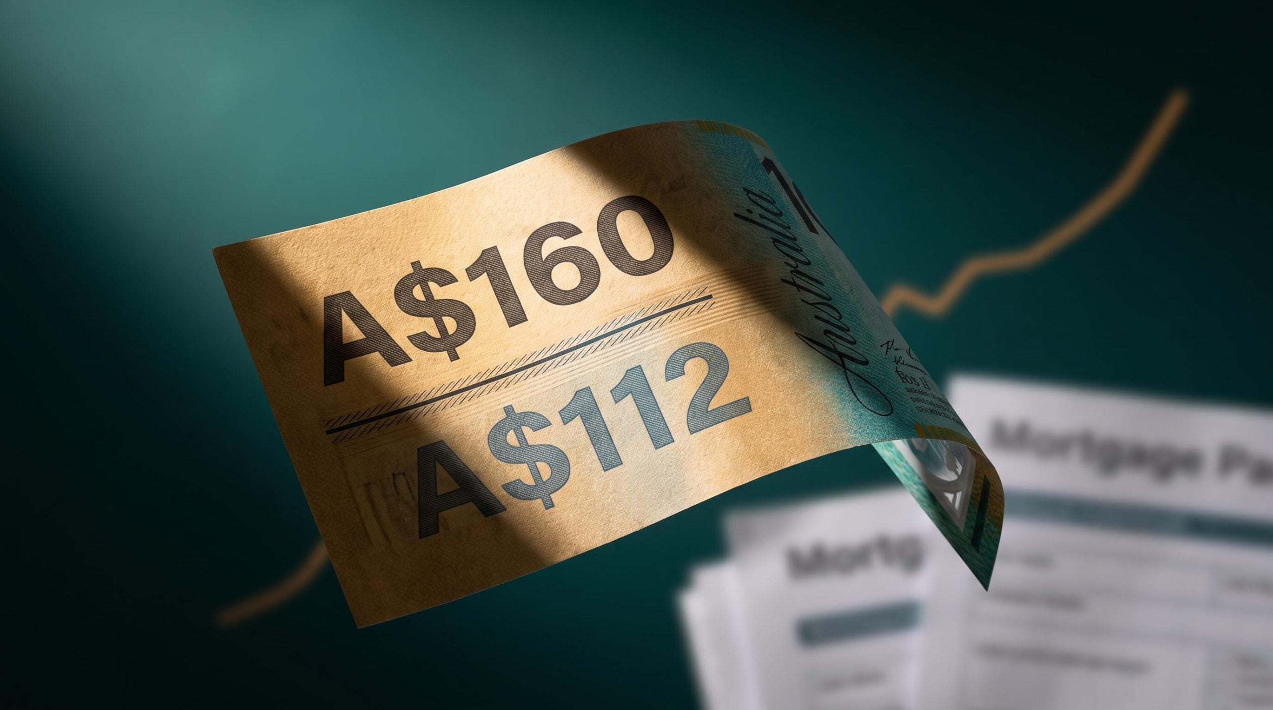 Australian $100 note showing A$160 vs A$112 valuation gap as CBA stock analysis flags arrears risk