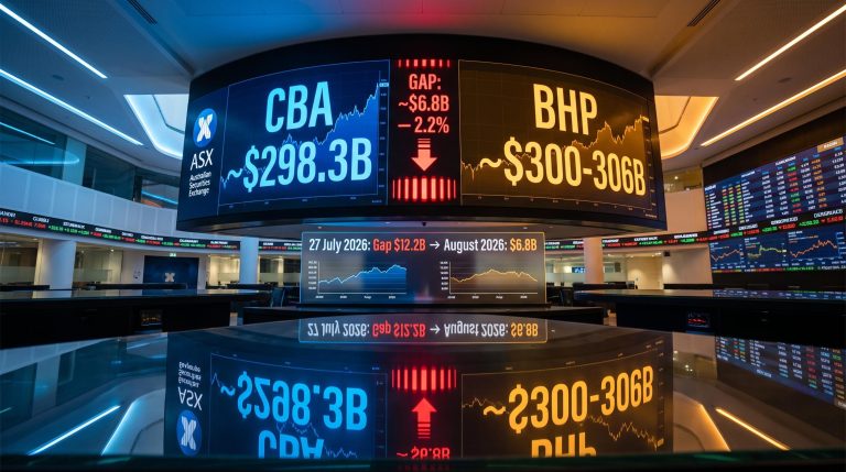 CBA vs BHP market cap gap narrows to $6.8B on ASX data wall, down from $12.2B in July 2026