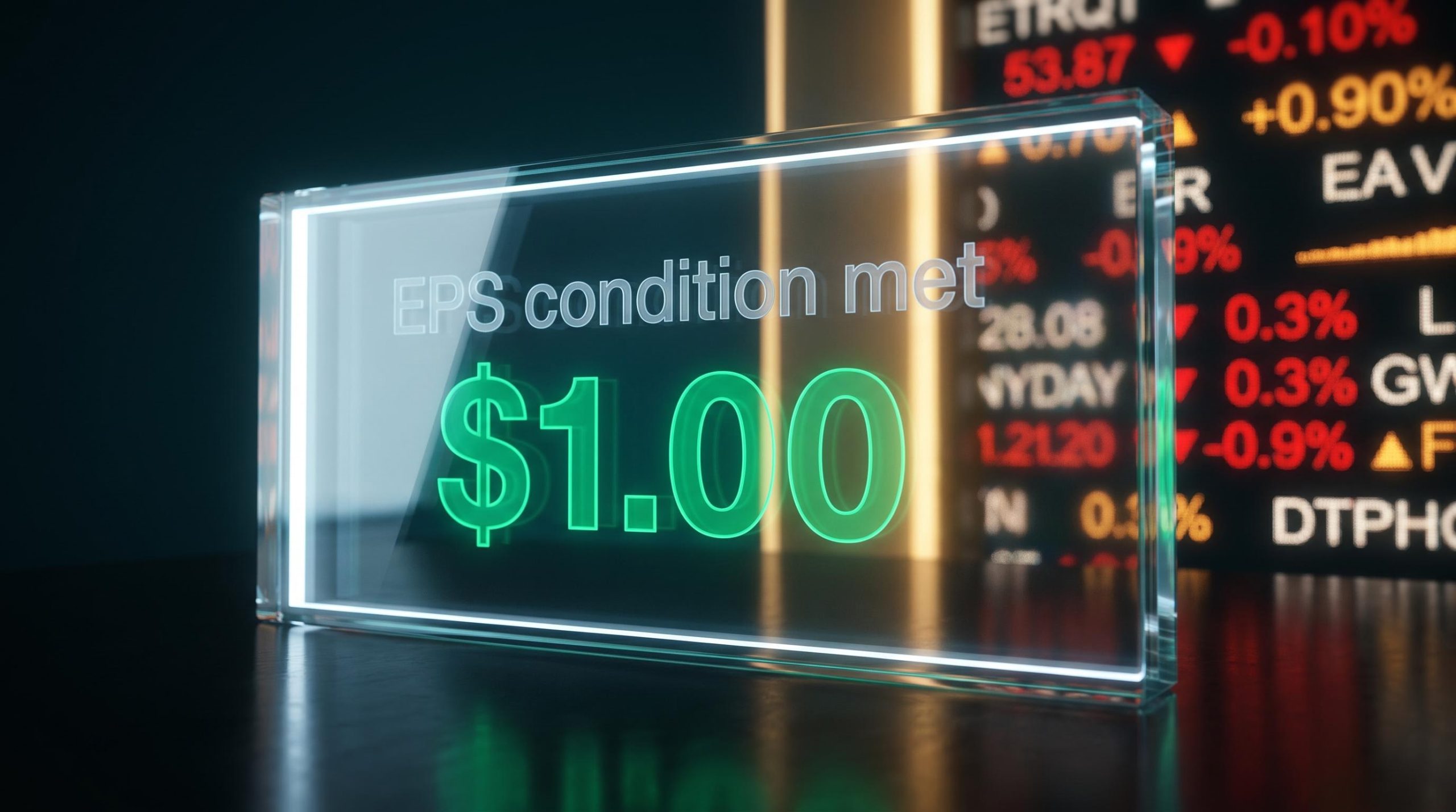 Cboe KPI contracts concept: binary EPS payout resolving to $1.00 while stock price movement blurs into irrelevance