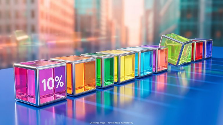 Ten equal glowing glass cubes illustrating equal weighting in Cboe Magnificent 10 index options, one etched "10%"