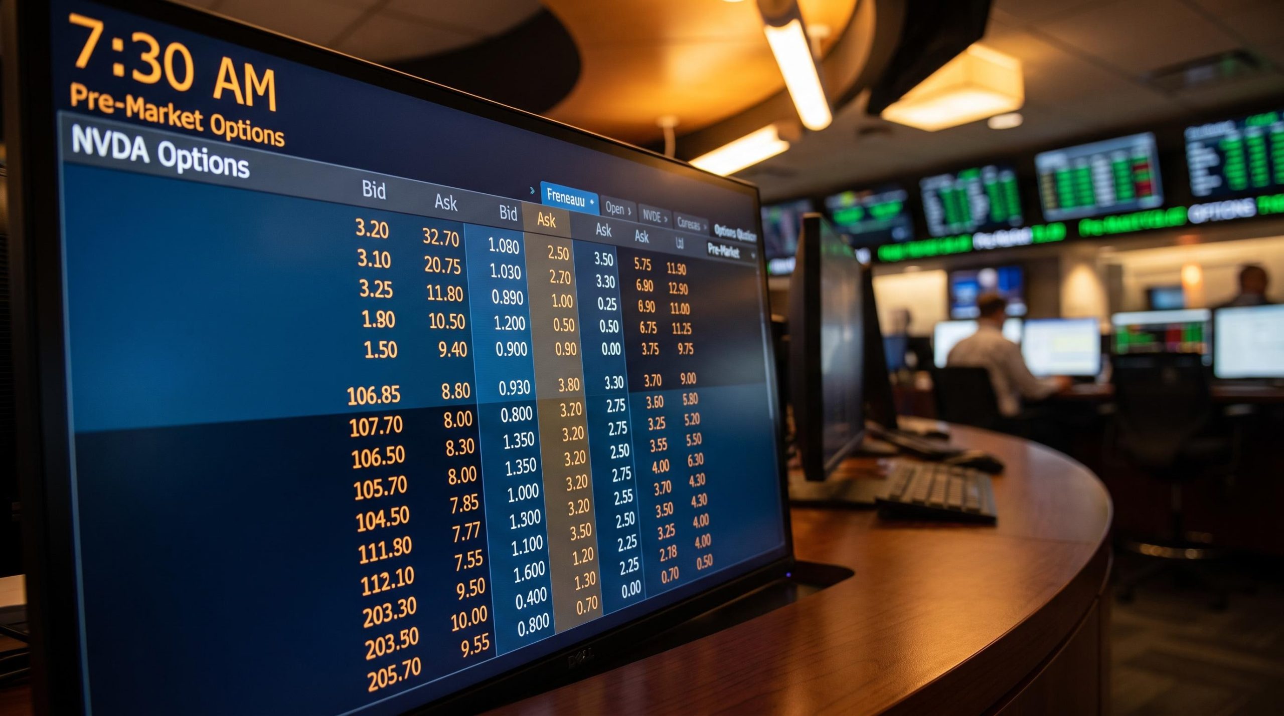 NVDA options chain on a trading terminal at 7:30 AM marking Cboe's new pre-market options trading session