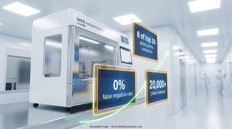 APAS Independence unit in pharma cleanroom with 0% false negative rate and 8 top-20 pharma customers data overlays