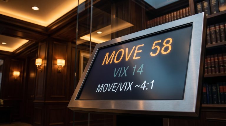 Cem Karsan volatility playbook: MOVE 58 vs VIX 14 displayed on institutional terminal at 4:1 ratio