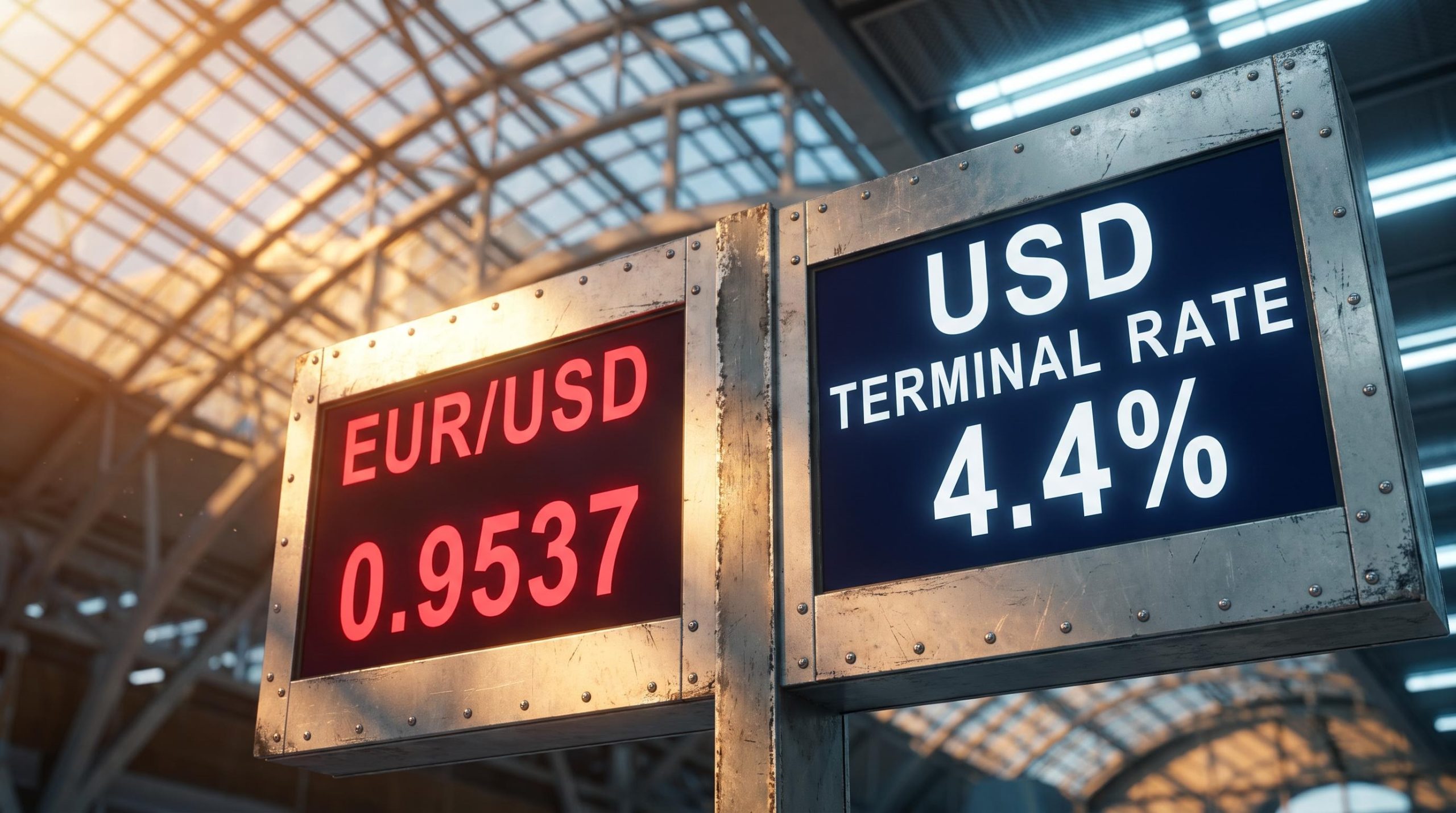 EUR/USD rate board showing 0.9537 alongside Fed 4.4% projection, illustrating central bank divergence