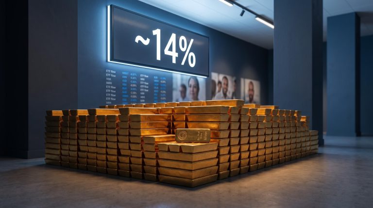 Towering gold bar reserves in a vault interior with central bank gold buying share displayed as ~14% of demand