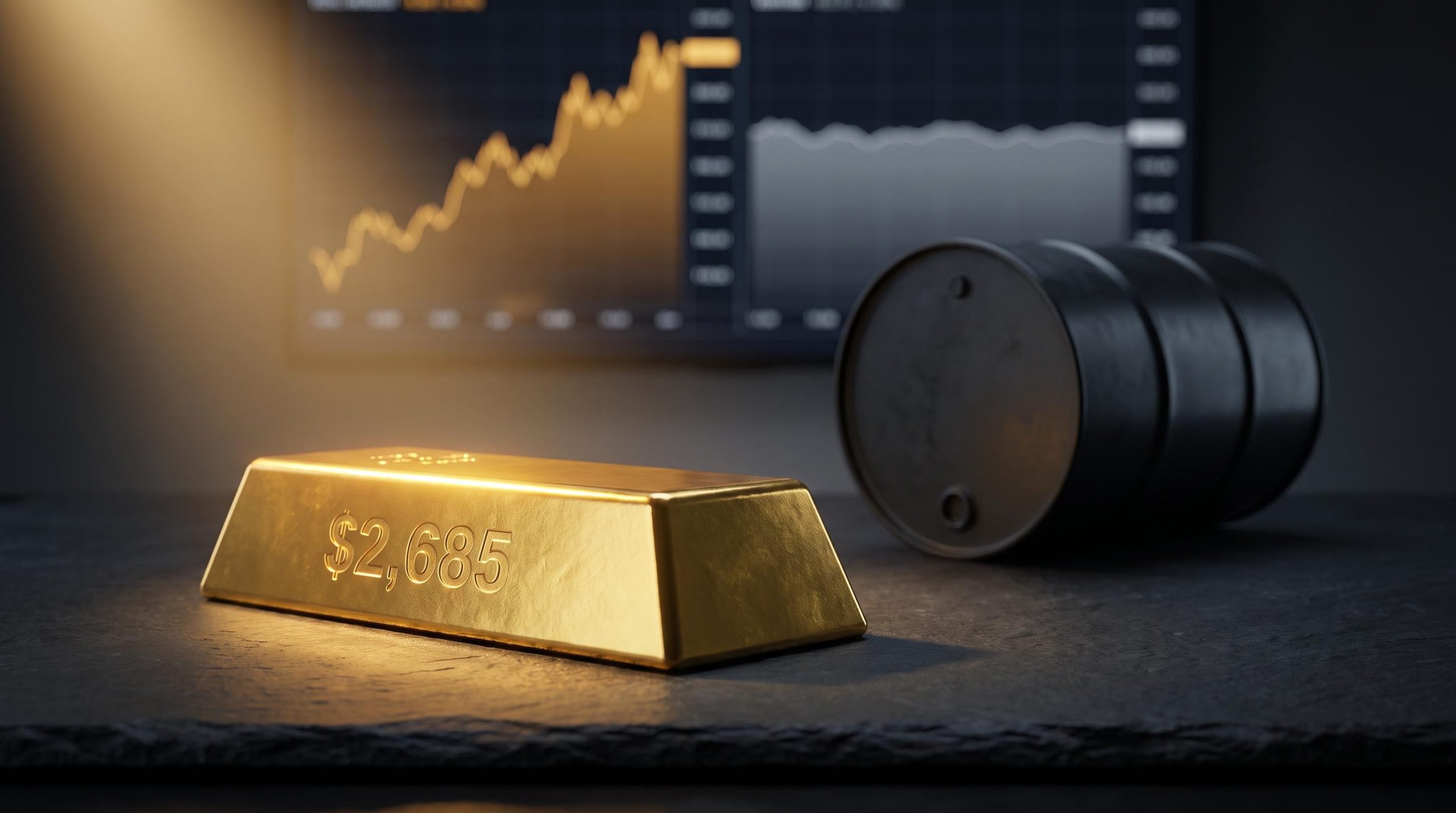 Gold bar stamped $2,685 glows under directional light beside a flat steel oil barrel, showing divergent central bank rate cut impact