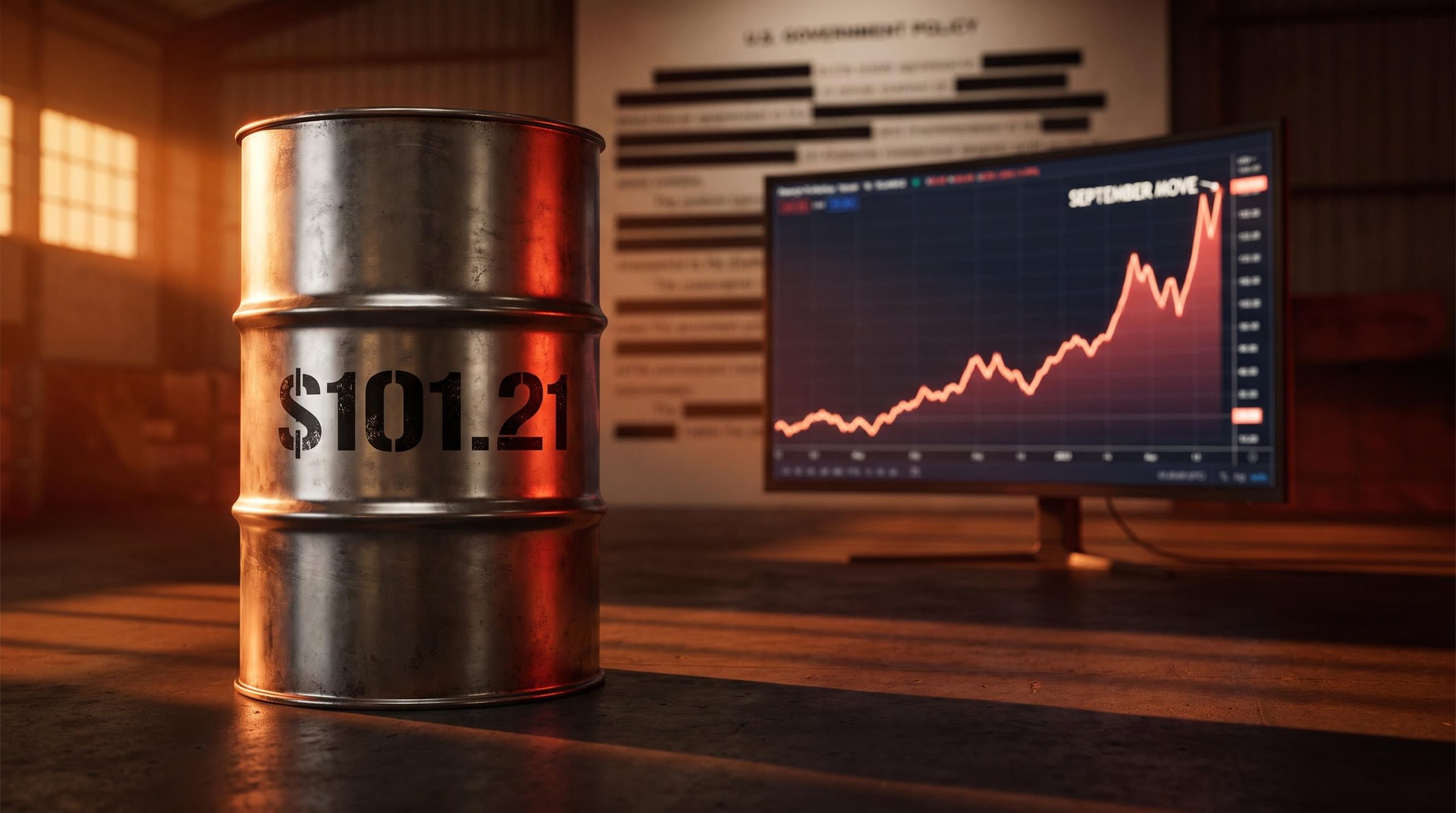 Steel oil barrel stamped with $101.21 as Brent crude breaks $100 amid US-Iran escalation and central banks energy price risk