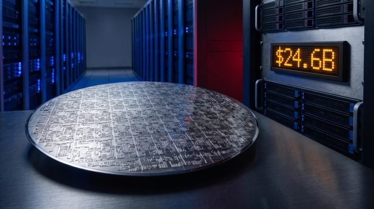Cerebras wafer-scale chip in sharp focus before a data centre rack showing $24.6B — OpenAI deal analysis