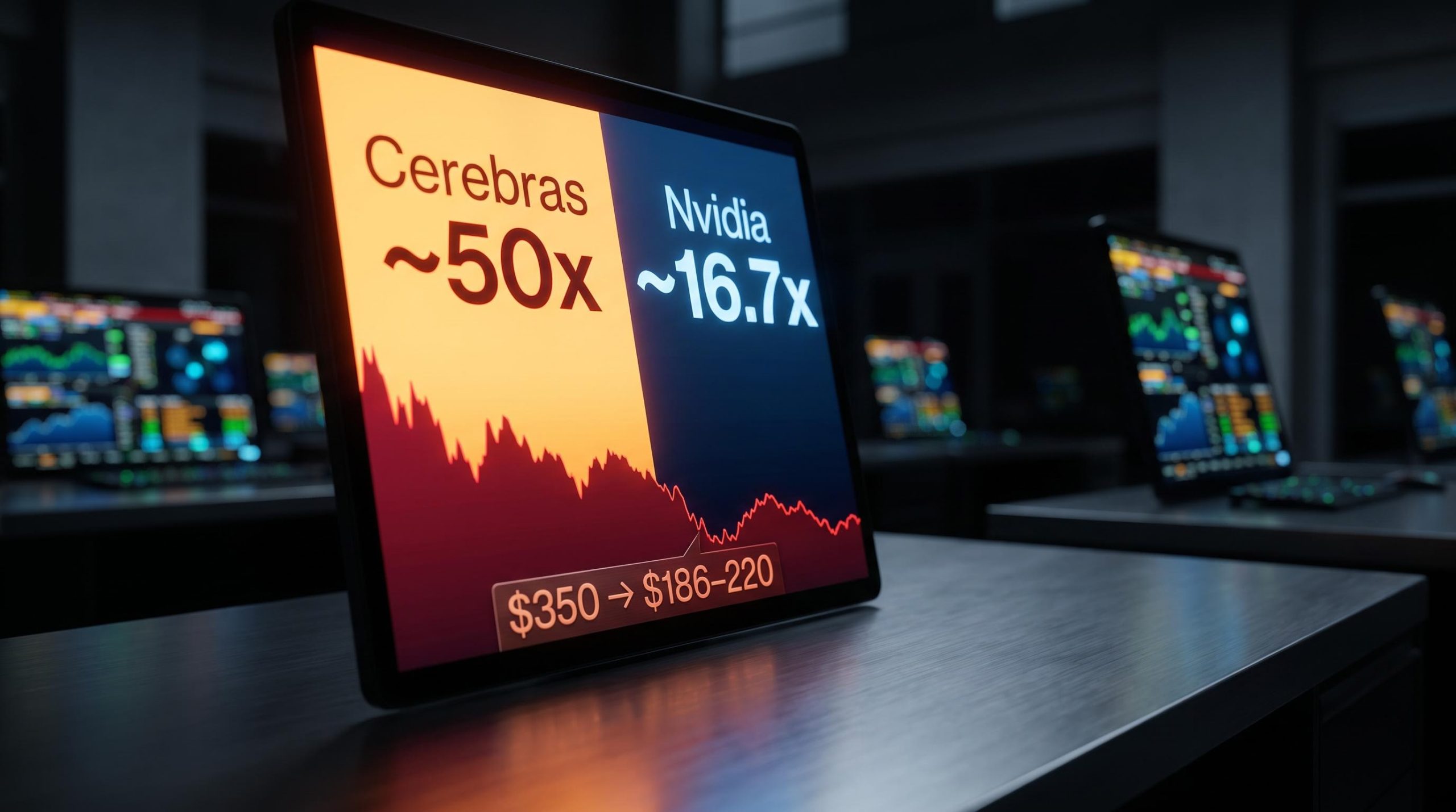 Cerebras stock SVR of ~50x vs Nvidia ~16.7x on a trading terminal with $350 to $186–220 price decline