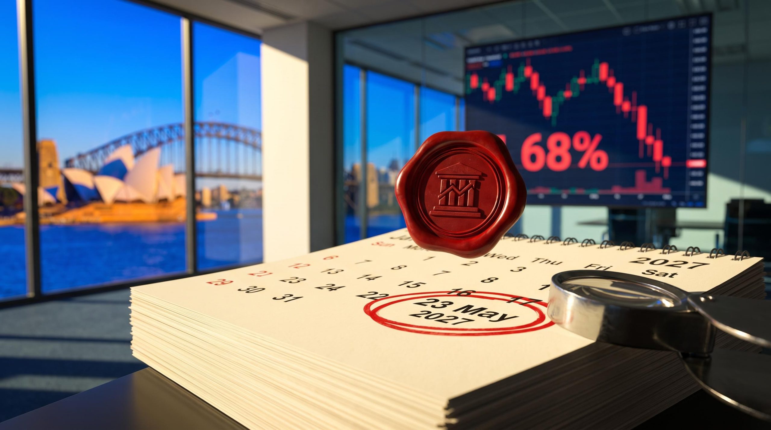CFD product intervention order expiry date 23 May 2027 circled on calendar with 68% loss figure on screen over Sydney skyline