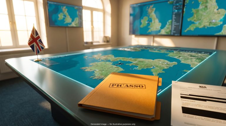 CGI MOD PICASSO contract folder on a satellite map table in a UK geospatial intelligence hall, contract value redacted
