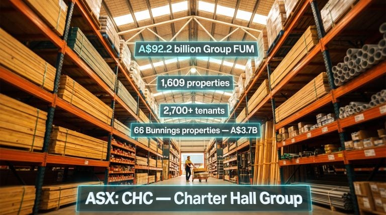 Bunnings-scale retail interior with Charter Hall's A$92.2B FUM and 1,609 properties as floating data panels above an oblivious shopper