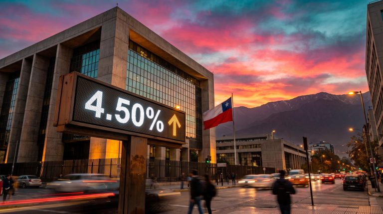 Banco Central de Chile headquarters at dusk with a rate board showing 4.50% ahead of the Chile central bank rate decision