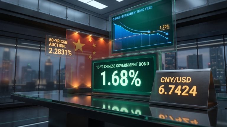 China bond yields at 1.68% and CNY/USD 6.7424 displayed on trading terminals as PBoC signals dual easing