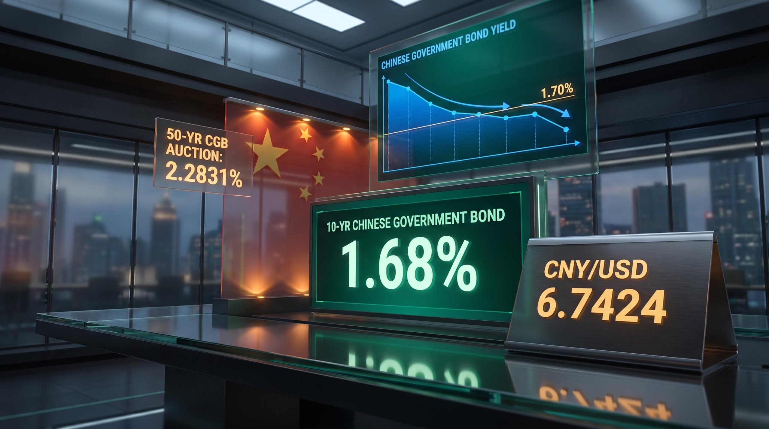 China bond yields at 1.68% and CNY/USD 6.7424 displayed on trading terminals as PBoC signals dual easing