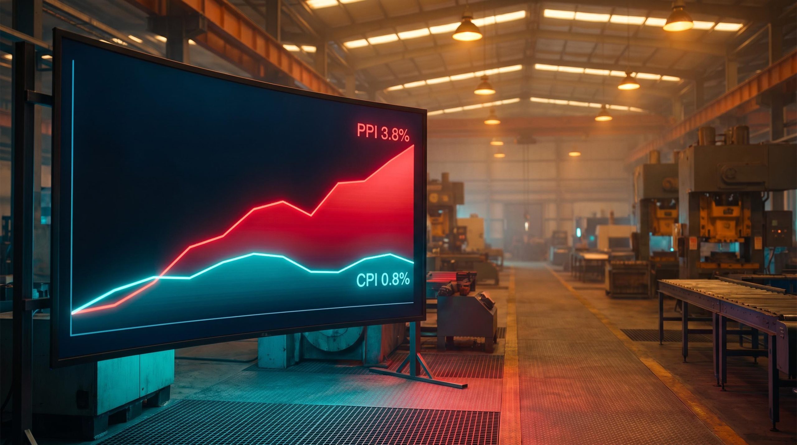 China CPI PPI divide shown as diverging trend lines on factory floor screen, margin squeeze analysis