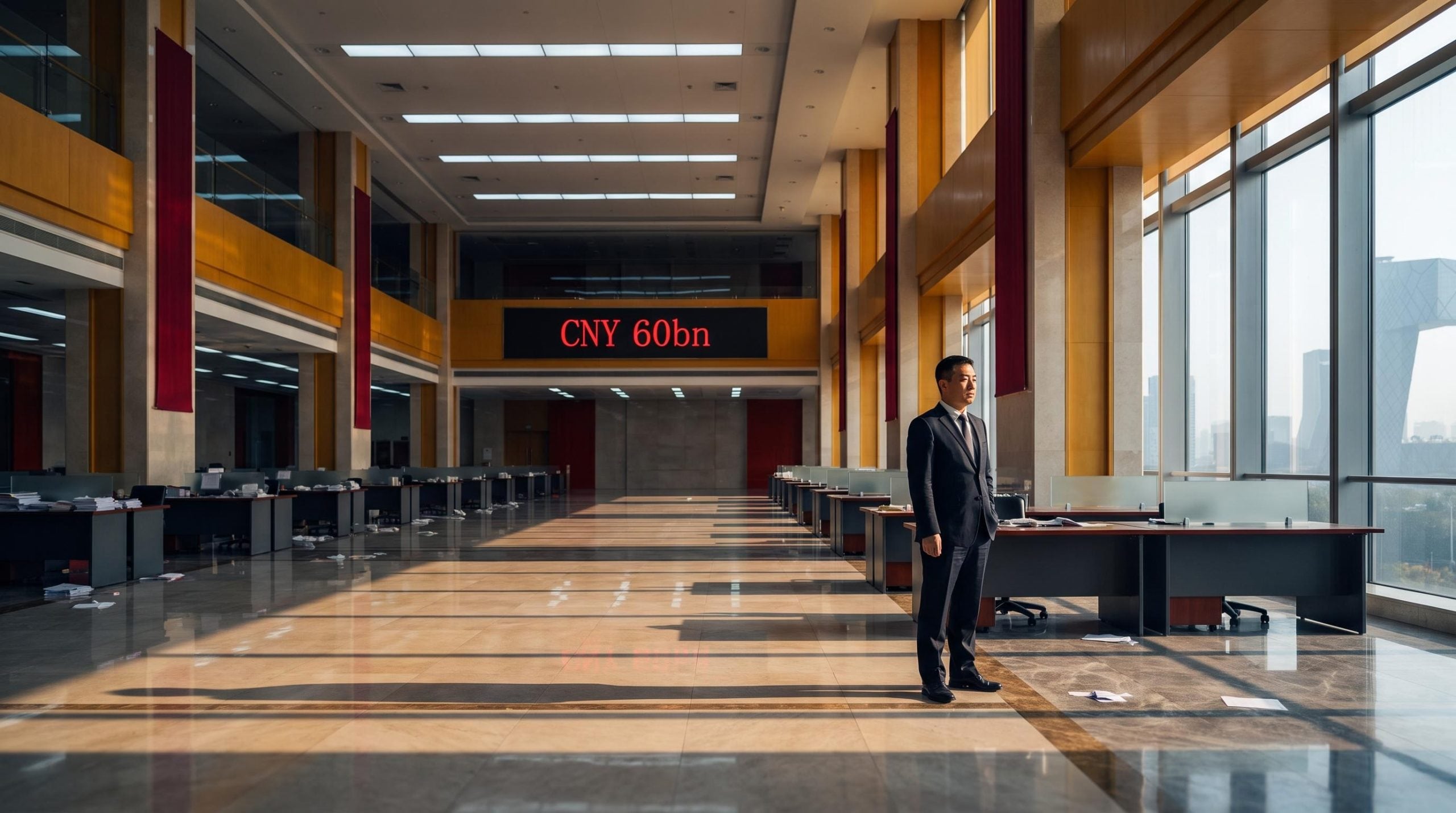 Near-empty Beijing bank lending hall with "CNY 60bn" on display board amid China economic outlook slowdown