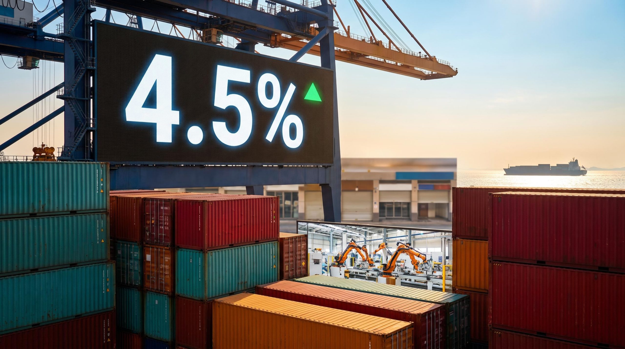 Port crane display showing 4.5% growth as China GDP forecast beats expectations, with factories ahead of empty shops