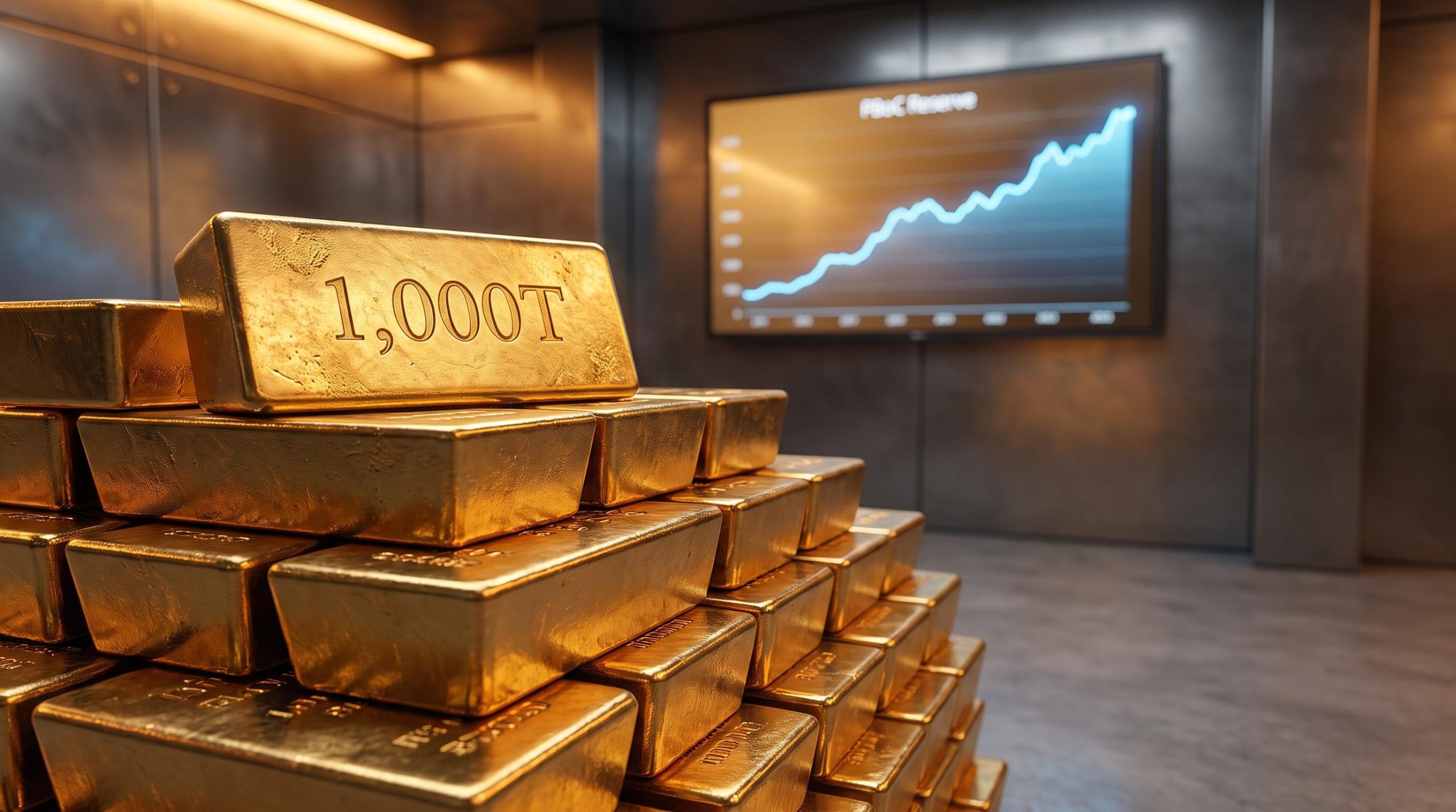 Stacked PBoC gold bars with 1,000T import figure etched into surface, reserve chart glowing behind