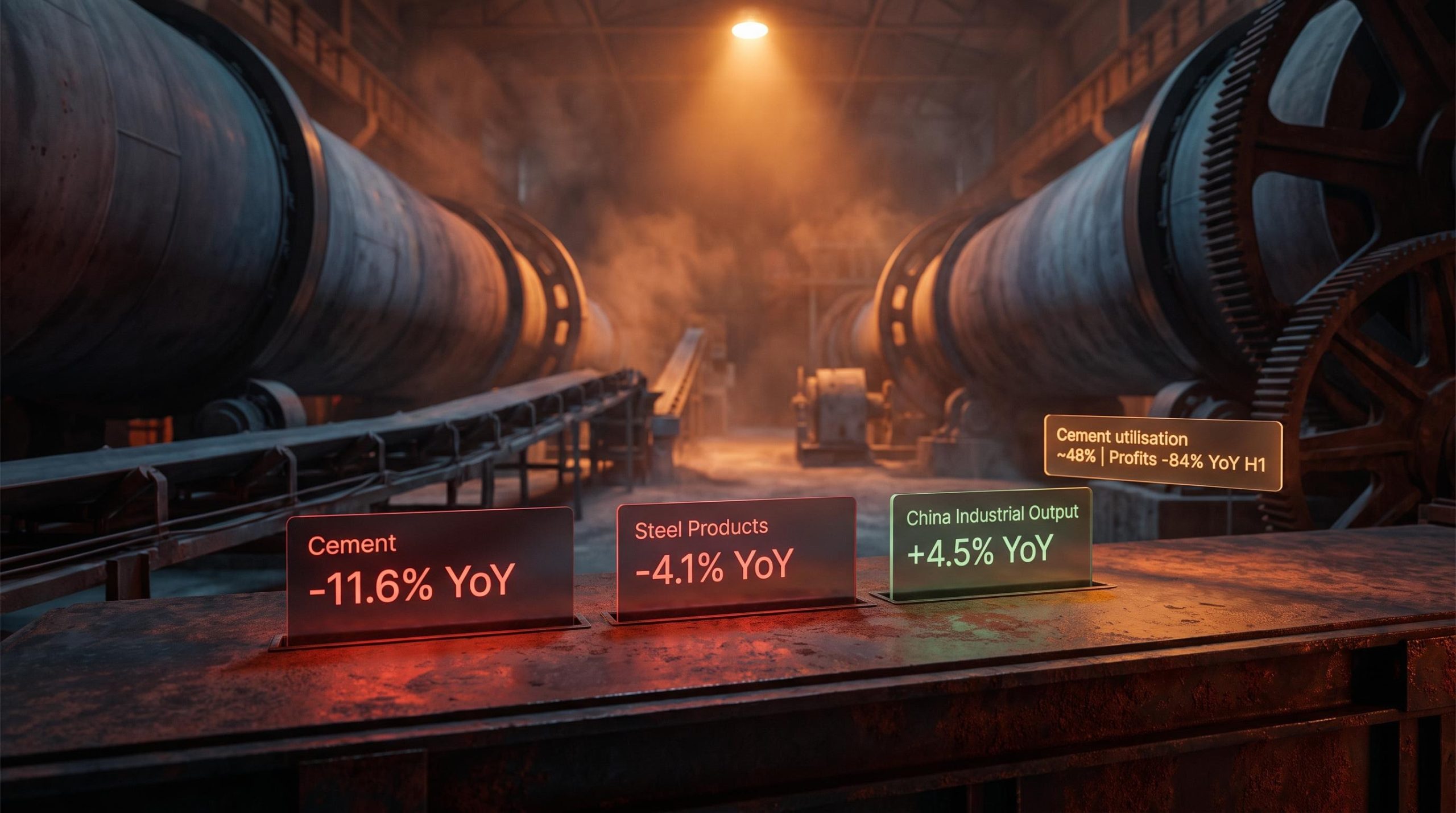 Idle Chinese cement kilns with sector data overlays showing -11.6% cement output vs +4.5% China industrial output
