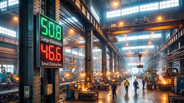 China manufacturing PMI split: factory display shows large enterprise 50.8 expansion vs small enterprise 46.6 contraction