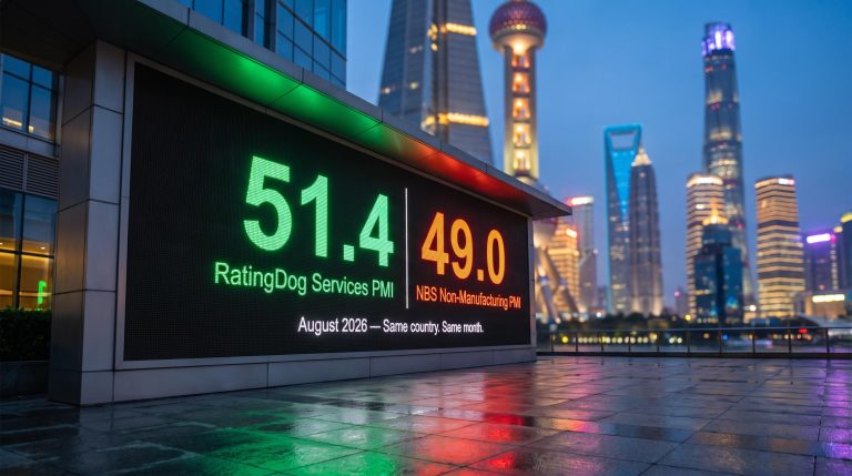 Shanghai skyline backdrop with diverging China services PMI readings 51.4 private vs 49.0 official August 2026