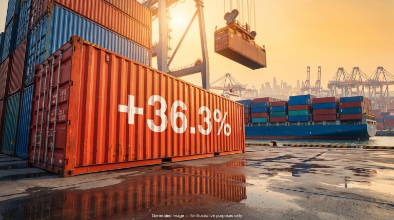 China trade surplus surge shown by a red export container stencilled +36.3% at a busy port with a loaded container ship