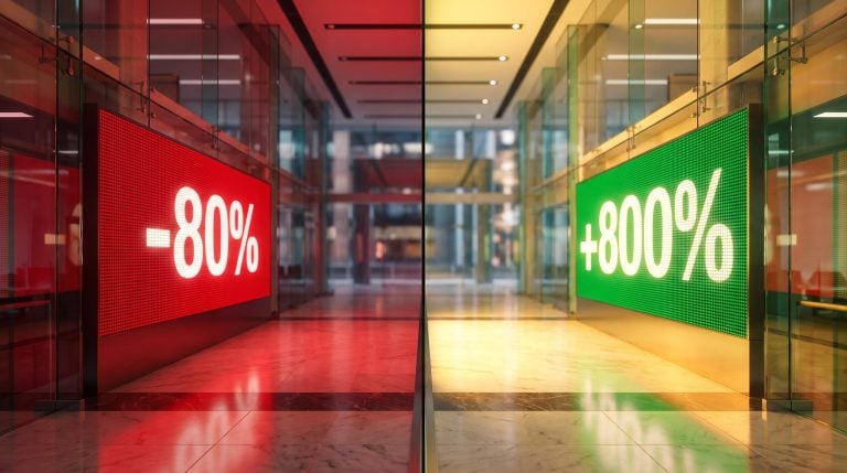 Hong Kong trading floor split by +800% and -80% displays showing Chinese AI stocks' extreme value-chain divergence