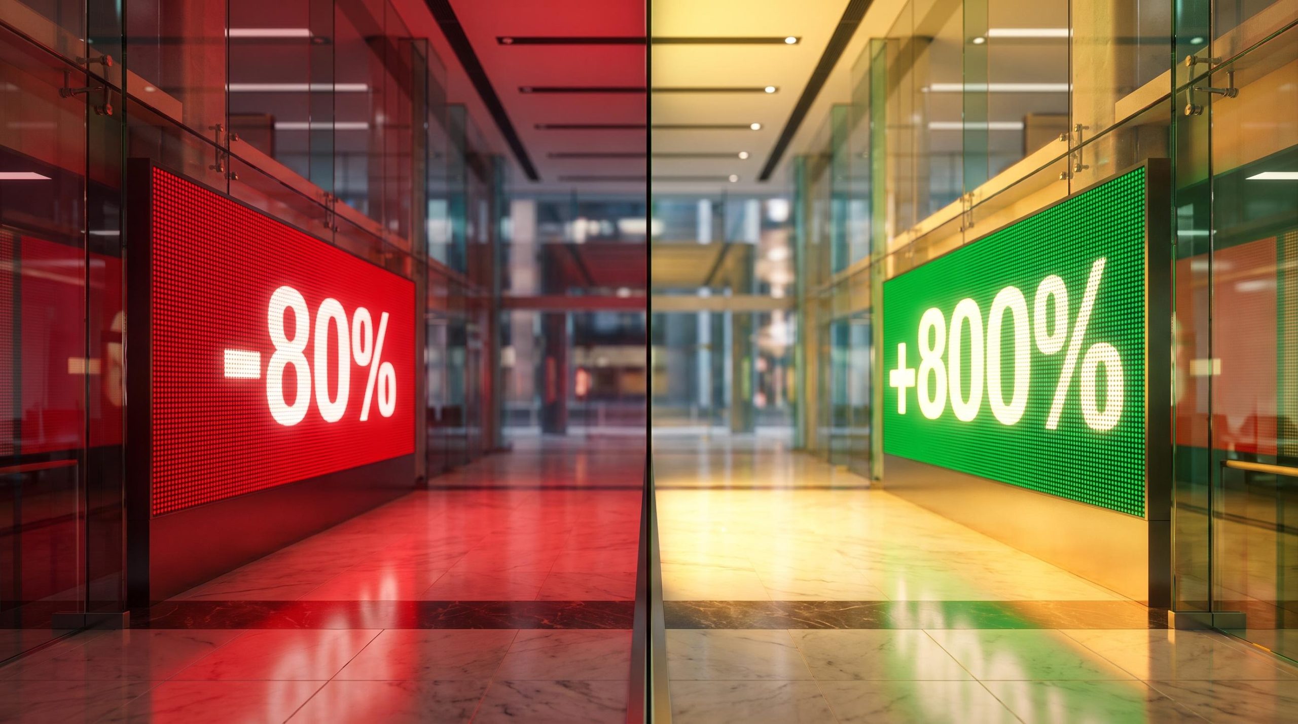 Hong Kong trading floor split by +800% and -80% displays showing Chinese AI stocks' extreme value-chain divergence