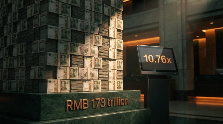 Towering RMB banknote column with "RMB 173 trillion" etched at base beside a screen showing China equities forward P/E of 10.76x
