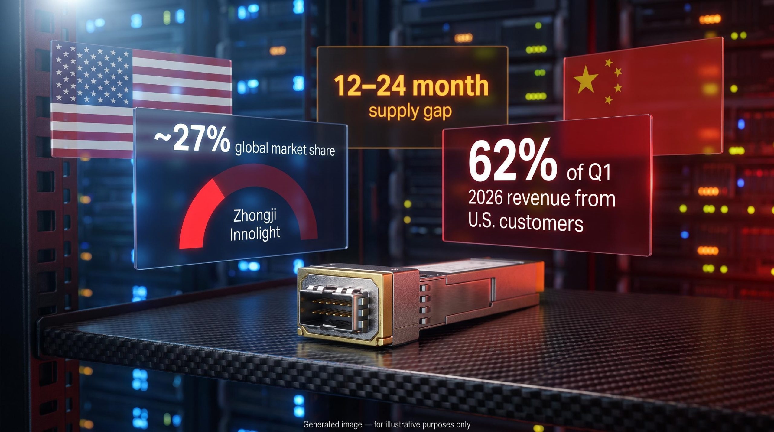 800G optical transceiver module with FCC supply gap data panels showing Chinese ban's 12–24 month AI infrastructure risk