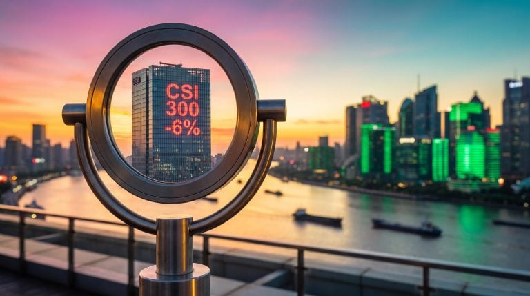 Magnifying lens over a Shanghai tower showing CSI 300 -6% while other skyline glows green, Chinese stocks AI rally gap
