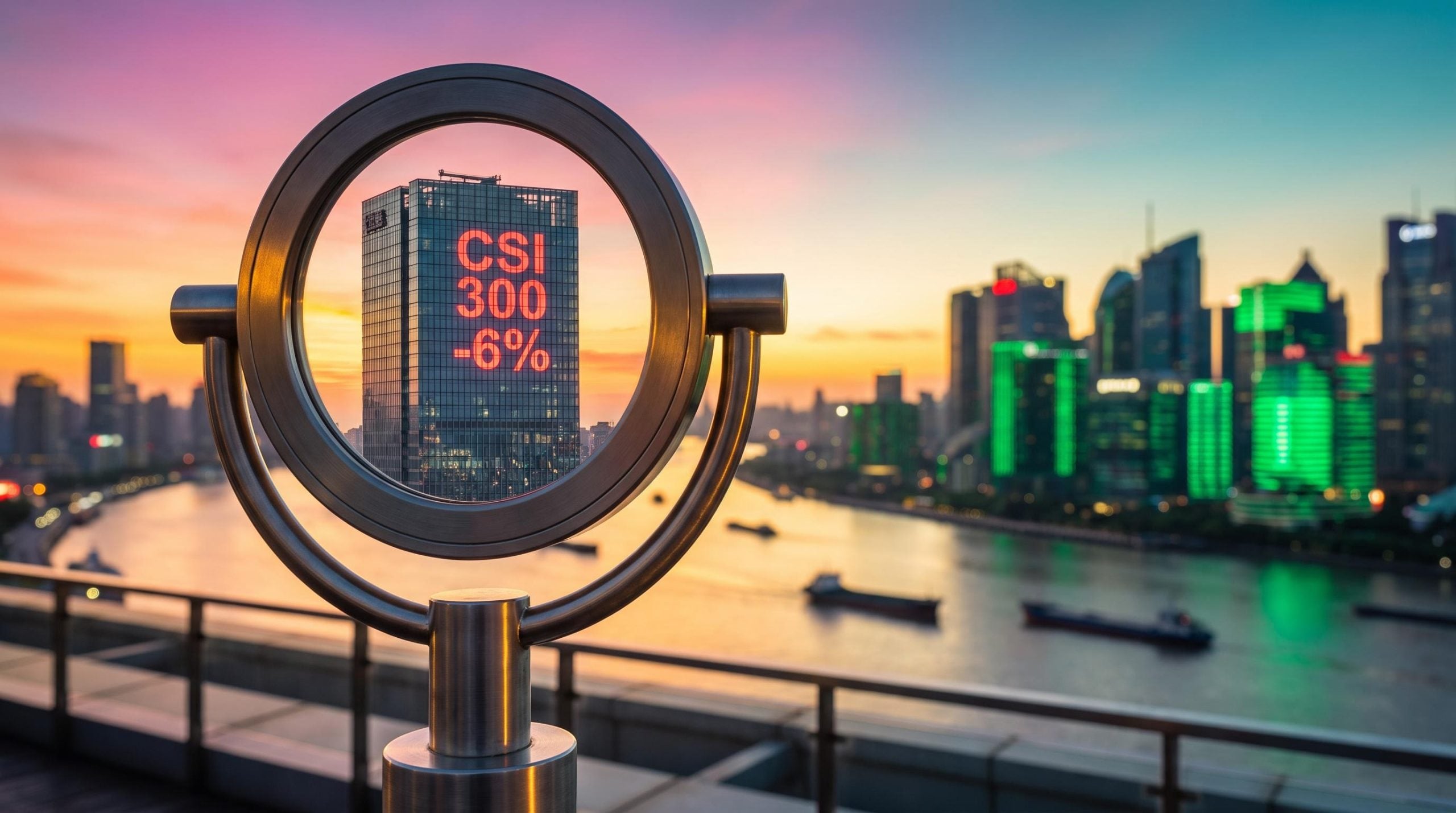 Magnifying lens over a Shanghai tower showing CSI 300 -6% while other skyline glows green, Chinese stocks AI rally gap