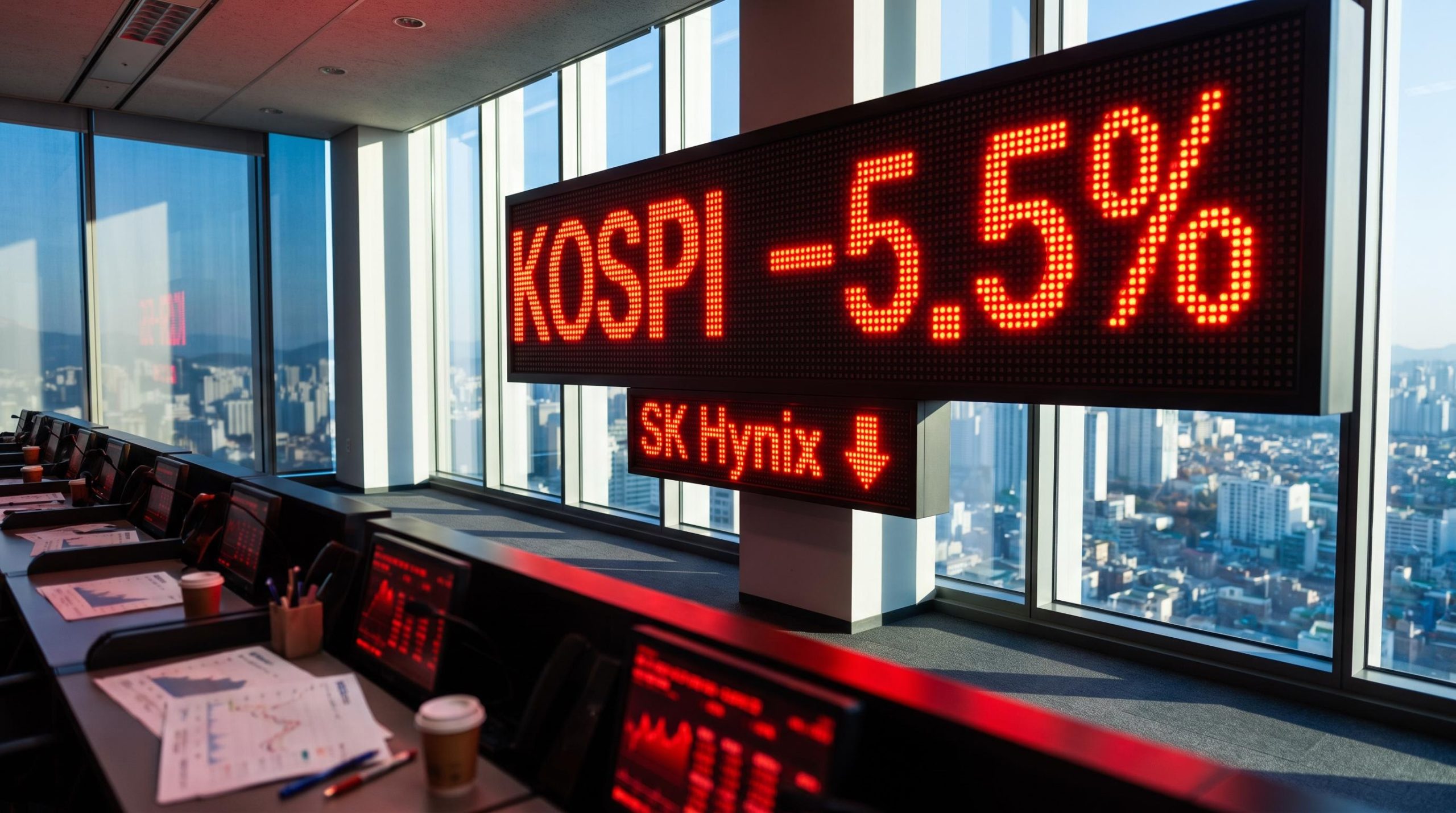 Seoul exchange board showing Kospi down 5.5% during the chip stock selloff that hit SK Hynix and Samsung hardest