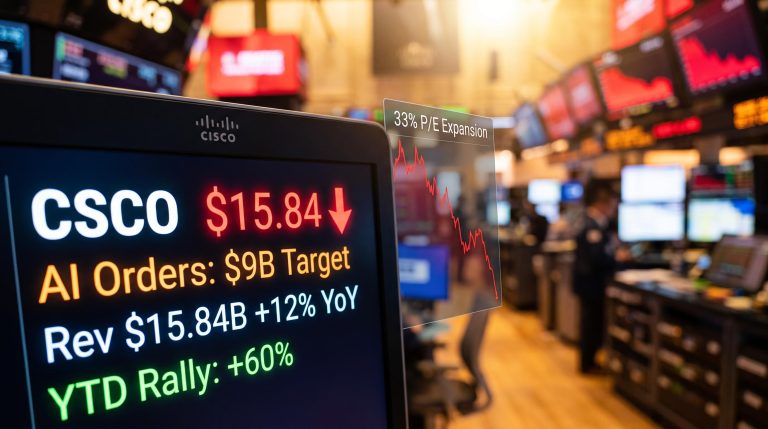 Cisco CSCO trading terminal shows $9B AI order target and 60% YTD rally as stock falls on earnings day