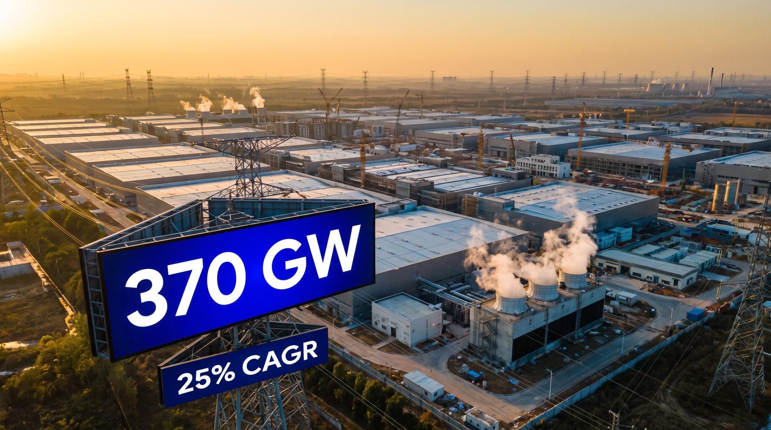 Aerial mega-campus data center construction site with '370 GW' projection billboard — Citi AI infrastructure forecast