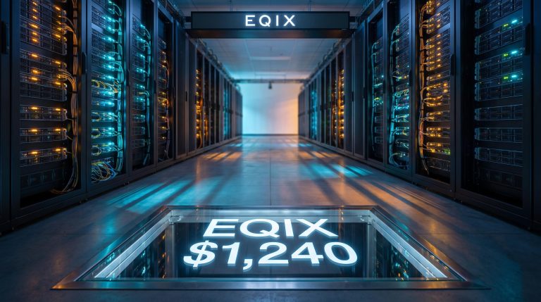 Equinix data center corridor with $1,240 price target panel — Citi AI stock picks 2027 analysis