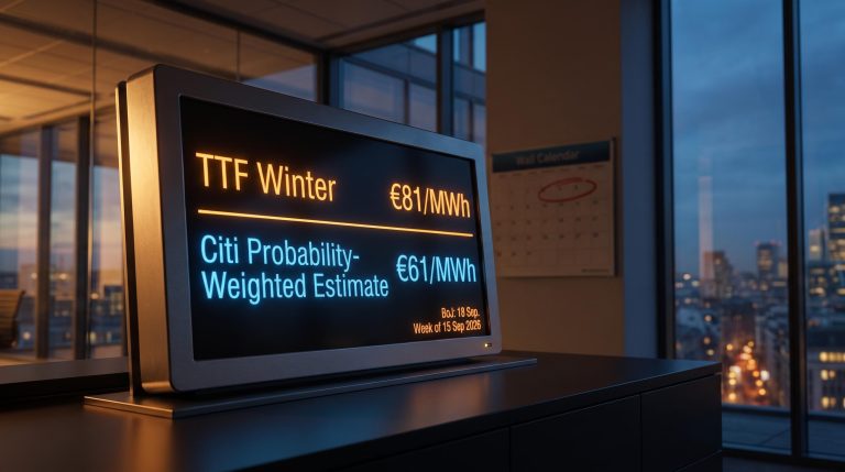 Trading terminal showing €81/MWh vs €61/MWh TTF gas gap as Citi's five bearish risks are assessed