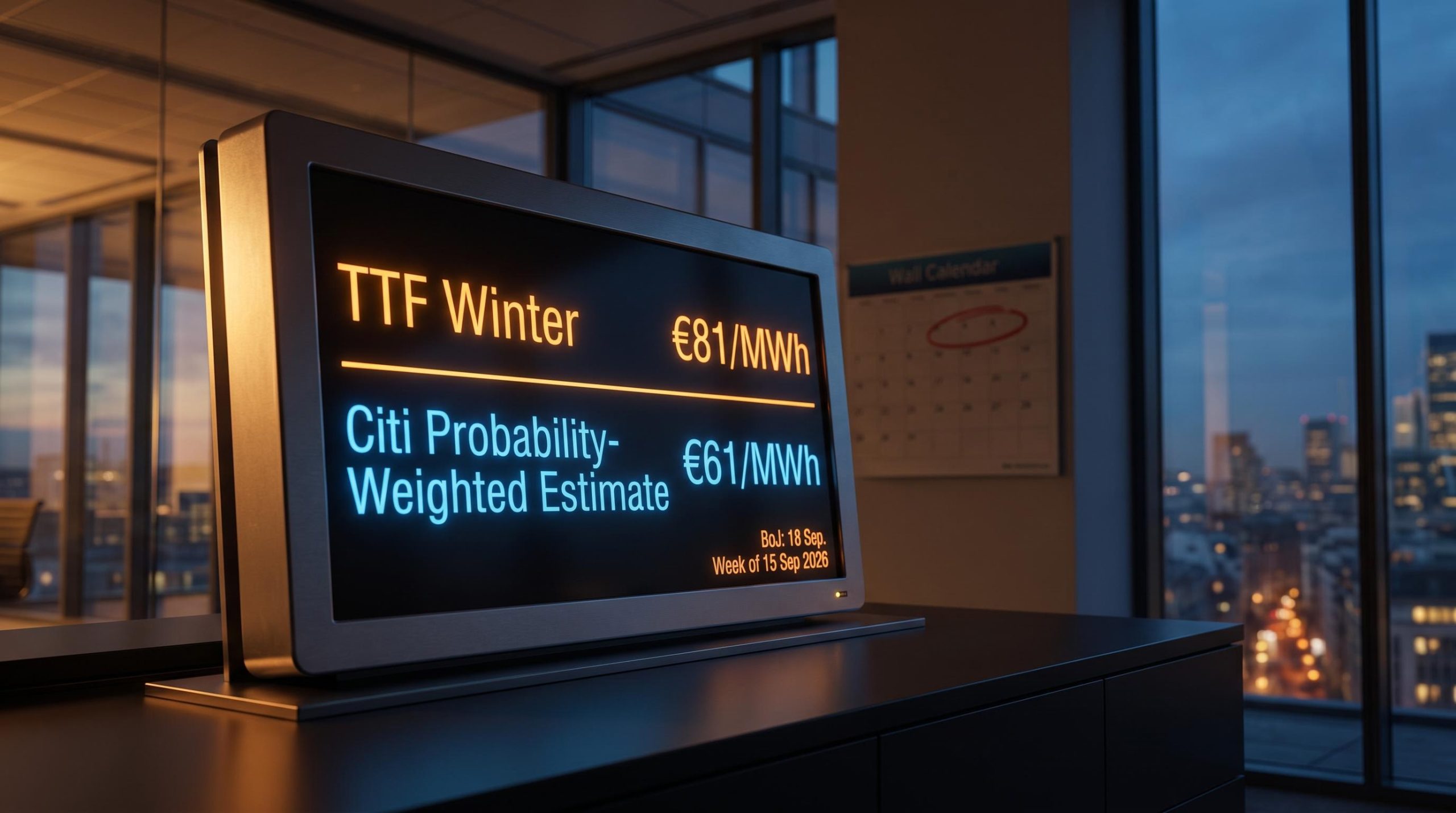 Trading terminal showing €81/MWh vs €61/MWh TTF gas gap as Citi's five bearish risks are assessed